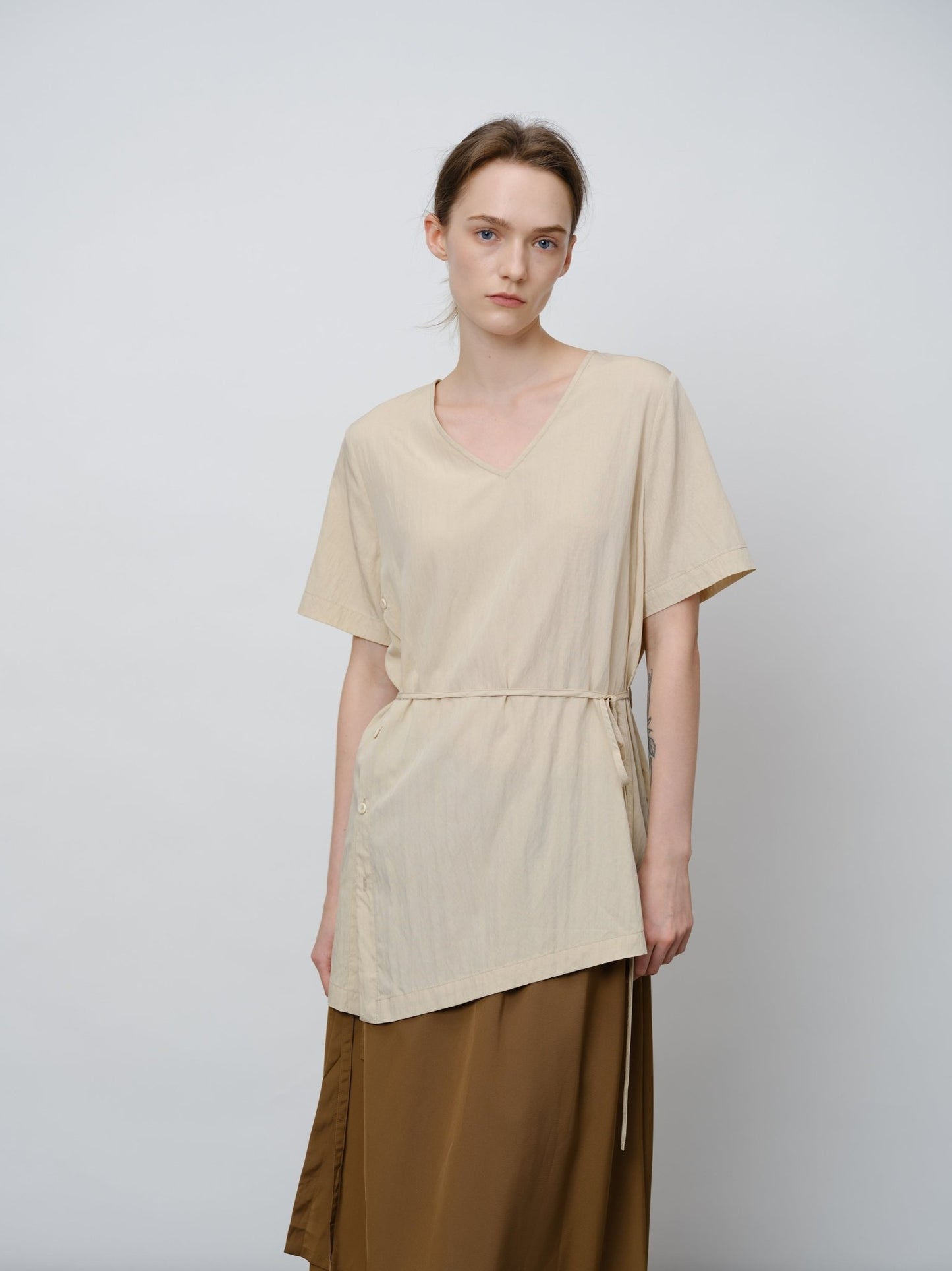 Asymmetrical Tie - Waist Tunic Shirt - UNIQUE ATTRACTION
