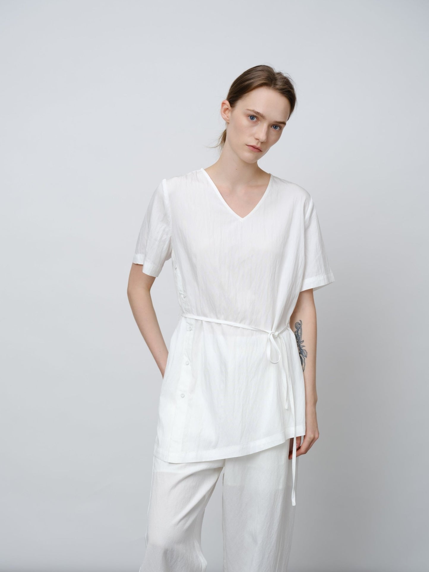 Asymmetrical Tie - Waist Tunic Shirt - UNIQUE ATTRACTION