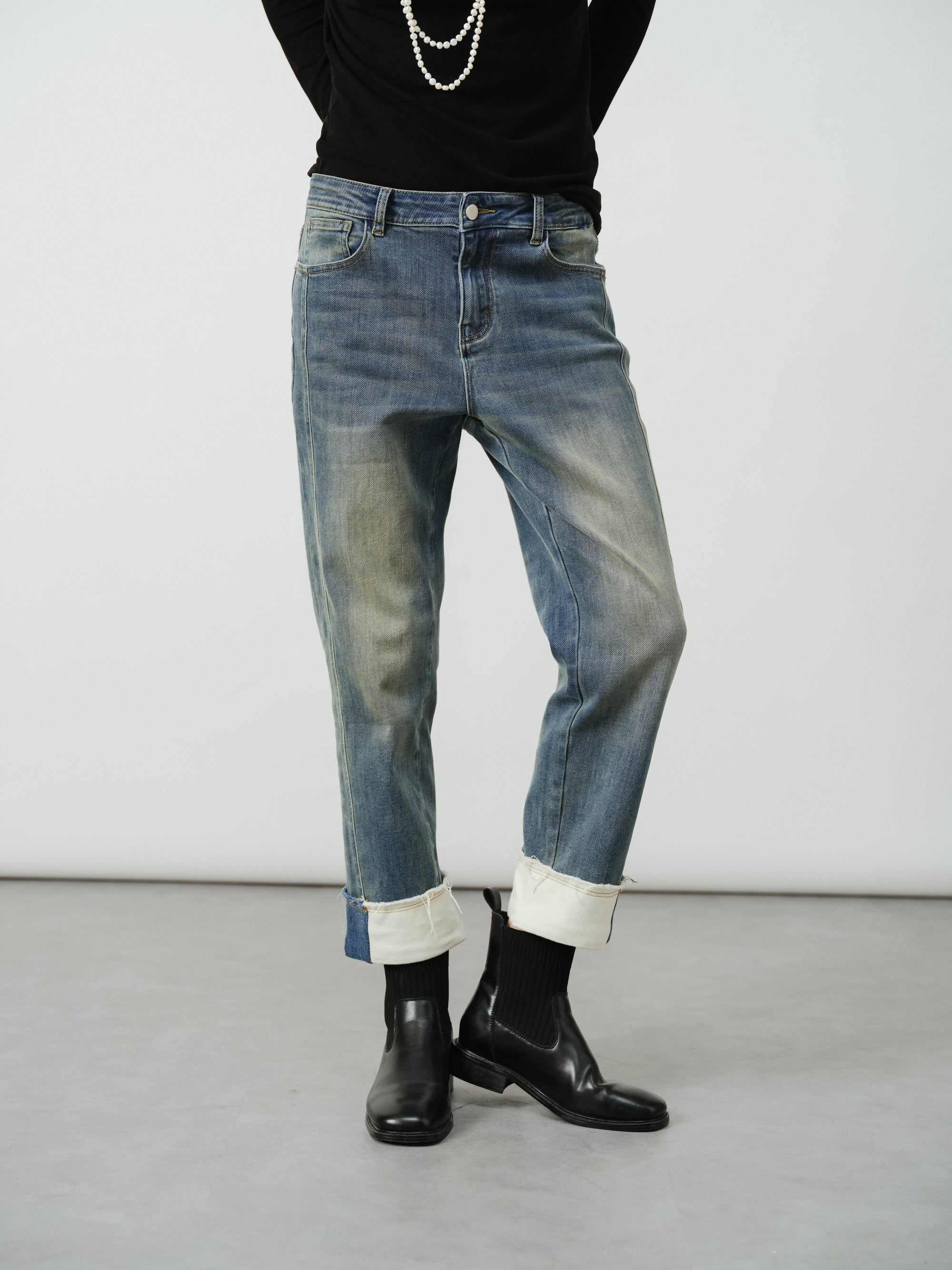 Slim Tapered Cuffed Denim Jeans