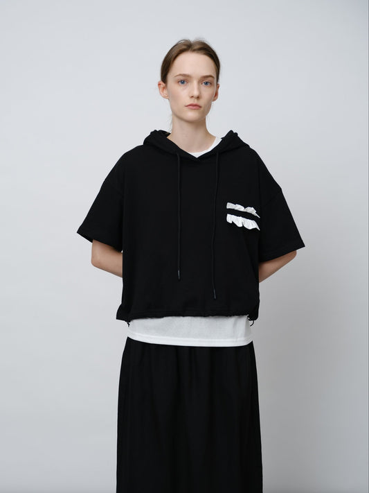 Lace - Trimmed Pocket Short Hoodie - UNIQUE ATTRACTION